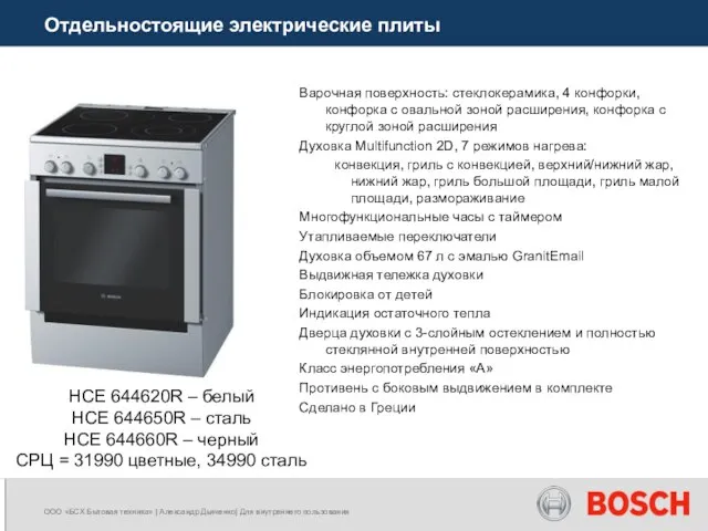 Отдельностоящие электрические плиты HCE 644620R – белый HCE 644650R – сталь HCE