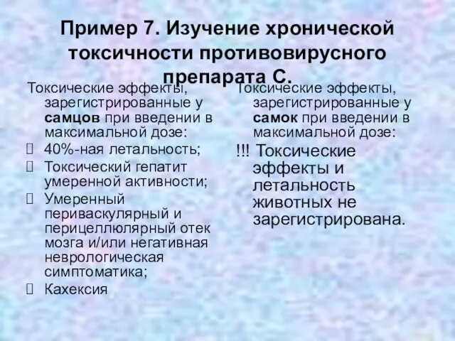 Пример 7. Изучение хронической токсичности противовирусного препарата С. Токсические эффекты, зарегистрированные у