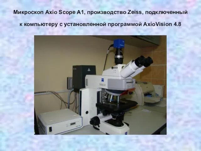 Микроскоп Axio Scope A1, производство Zeiss, подключенный к компьютеру с установленной программой AxioVision 4.8