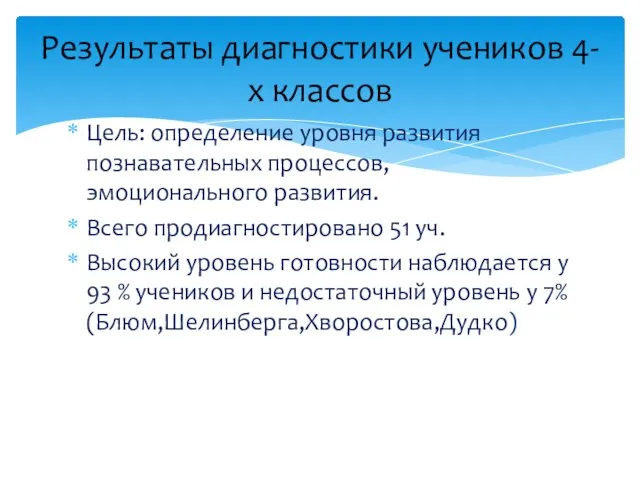 Цель: определение уровня развития познавательных процессов, эмоционального развития. Всего продиагностировано 51 уч.