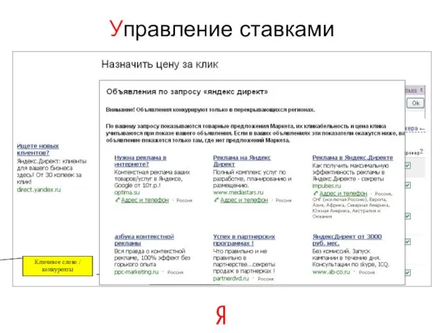 Ключевое слово / конкуренты Цены входа на позиции Максимальная ставка рекламодателя Управление