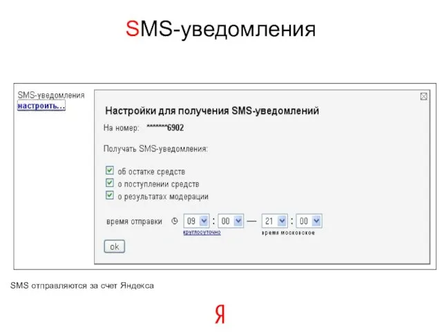SMS-уведомления SMS отправляются за счет Яндекса