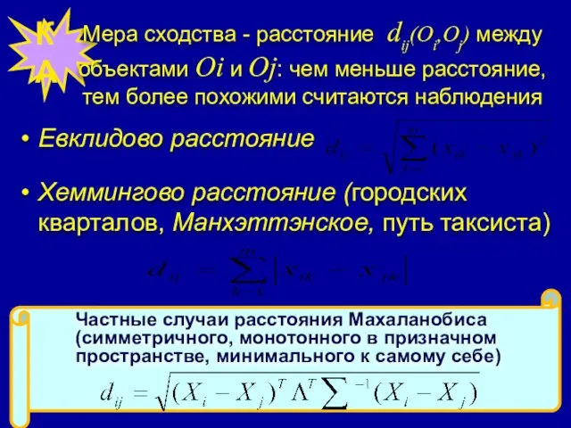 КА Мера сходства - расстояние dij(Oi,Oj) между объектами Oi и Oj: чем