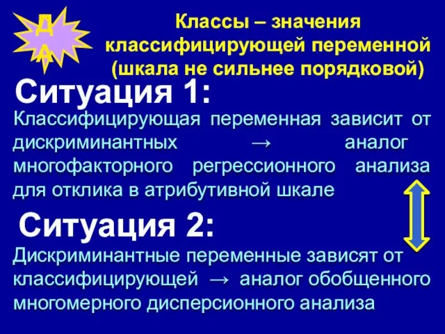 Классы – значения классифицирующей переменной (шкала не сильнее порядковой) ДА