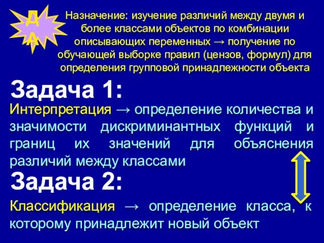 Назначение: изучение различий между двумя и более классами объектов по комбинации описывающих