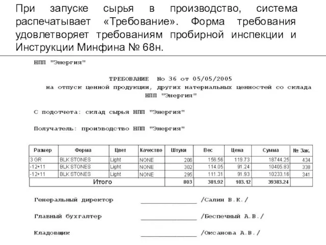 При запуске сырья в производство, система распечатывает «Требование». Форма требования удовлетворяет требованиям