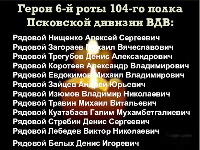 Рядовой Нищенко Алексей Сергеевич Рядовой Загораев Михаил Вячеславович Рядовой Трегубов Денис Александрович