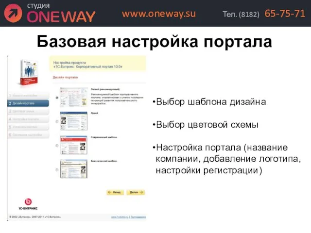 Базовая настройка портала Выбор шаблона дизайна Выбор цветовой схемы Настройка портала (название