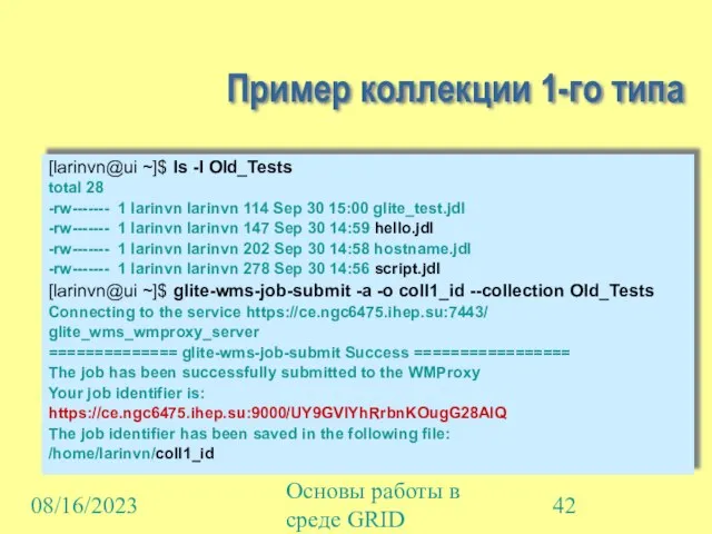 08/16/2023 Основы работы в среде GRID Пример коллекции 1-го типа [larinvn@ui ~]$