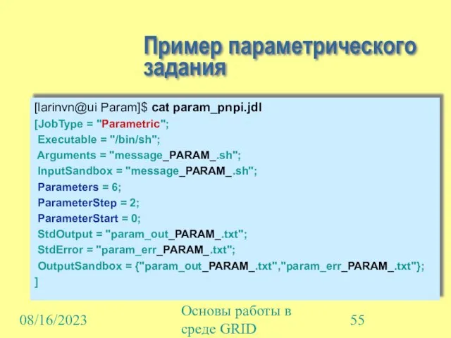 08/16/2023 Основы работы в среде GRID Пример параметрического задания [larinvn@ui Param]$ cat