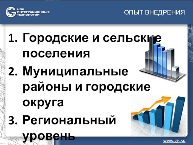 ОПЫТ ВНЕДРЕНИЯ www.gis.su Городские и сельские поселения Муниципальные районы и городские округа Региональный уровень