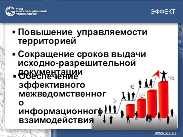 ЭФФЕКТ www.gis.su Повышение управляемости территорией Сокращение сроков выдачи исходно-разрешительной документации Обеспечение эффективного межведомственного информационного взаимодействия