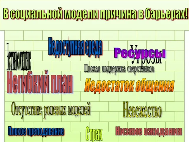 Негативное отношение Недоступная среда Негибкий план Отсутствие ролевых моделей Недостаток общения Плохая