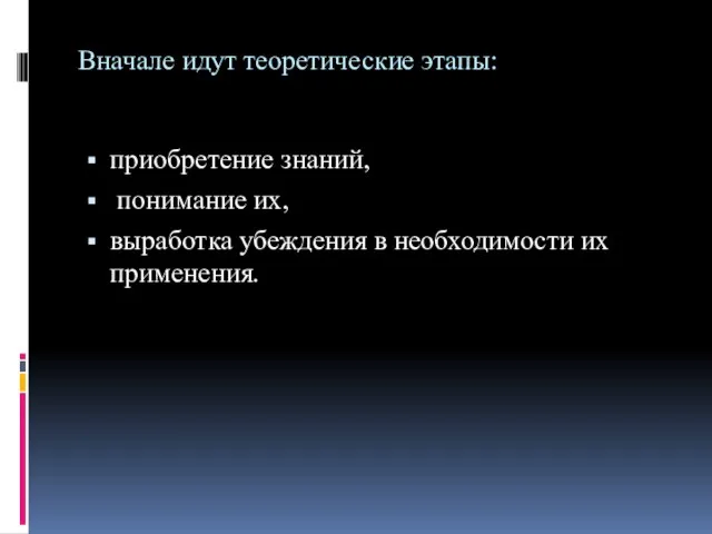 Вначале идут теоретические этапы: приобретение знаний, понимание их, выработка убеждения в необходимости их применения.