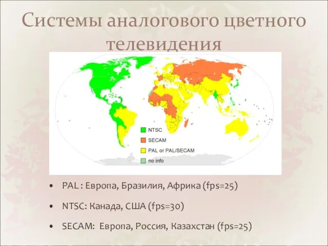 Системы аналогового цветного телевидения PAL : Европа, Бразилия, Африка (fps=25) NTSC: Канада,