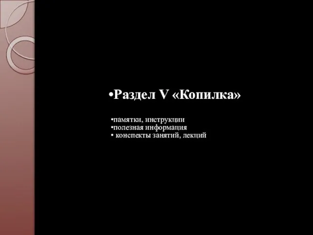 Раздел V «Копилка» памятки, инструкции полезная информация конспекты занятий, лекций