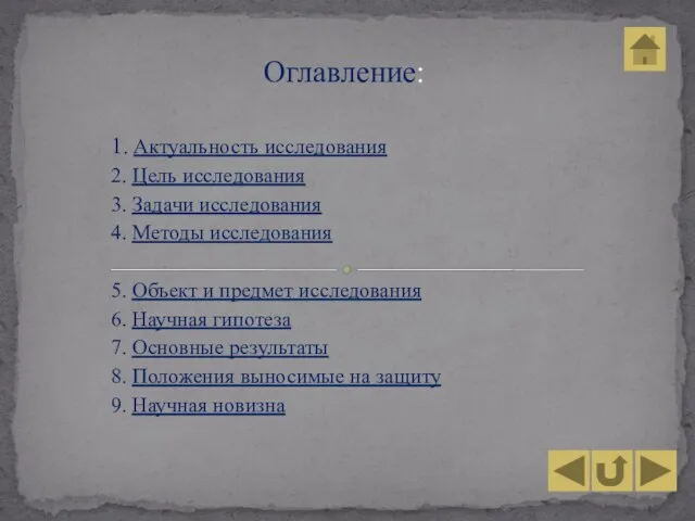 Оглавление: 1. Актуальность исследования 2. Цель исследования 3. Задачи исследования 4. Методы