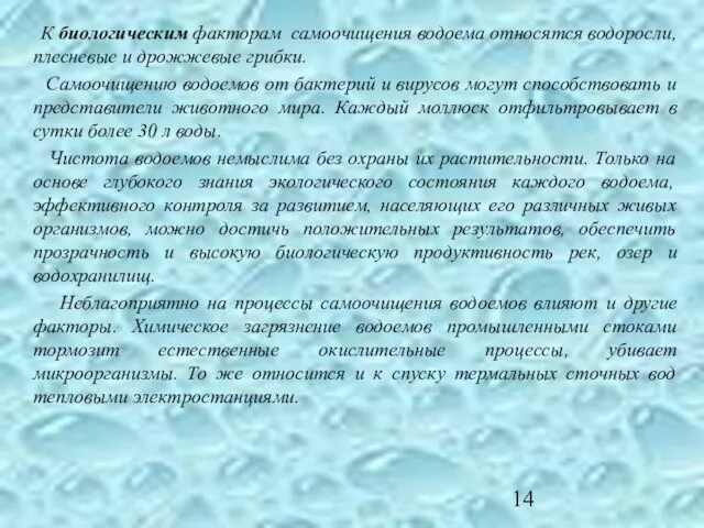 К биологическим факторам самоочищения водоема относятся водоросли, плесневые и дрожжевые грибки. Самоочищению