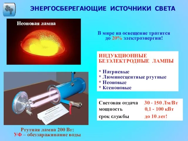 ЭНЕРГОСБЕРЕГАЮЩИЕ ИСТОЧНИКИ СВЕТА Световая отдача 30 - 150 Лм/Вт мощность 0,1 -