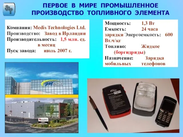 ПЕРВОЕ В МИРЕ ПРОМЫШЛЕННОЕ ПРОИЗВОДСТВО ТОПЛИВНОГО ЭЛЕМЕНТА Компания: Medis Technologies Ltd. Производство: