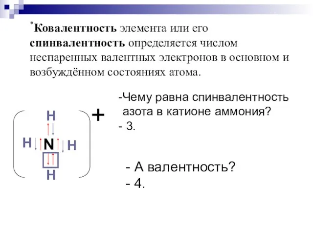 ٭Ковалентность элемента или его спинвалентность определяется числом неспаренных валентных электронов в основном