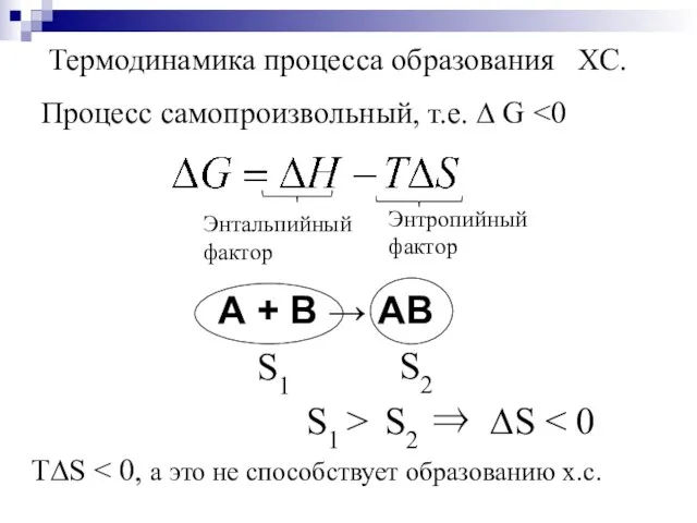 Термодинамика процесса образования ХС. Энтальпийный фактор Энтропийный фактор Процесс самопроизвольный, т.е. ∆