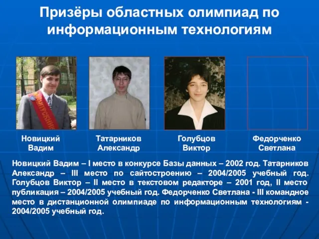 Призёры областных олимпиад по информационным технологиям Федорченко Светлана Голубцов Виктор Новицкий Вадим