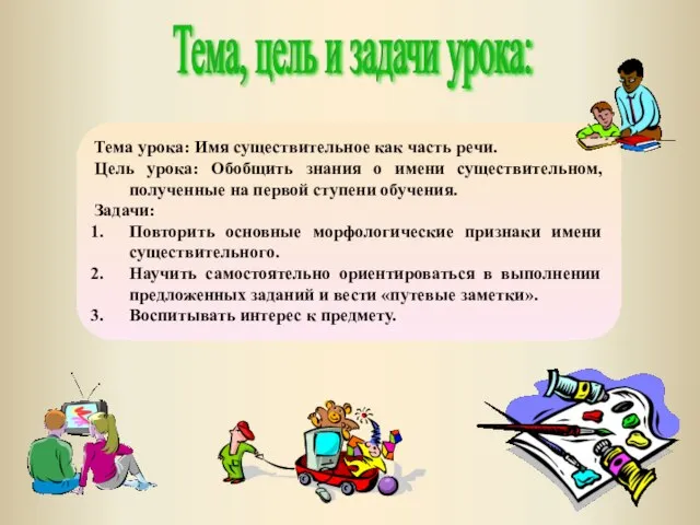 Тема, цель и задачи урока: Тема урока: Имя существительное как часть речи.