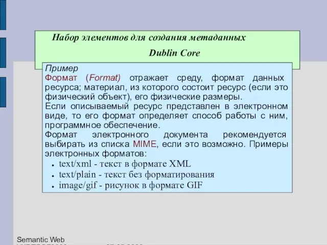 Набор элементов для создания метаданных Dublin Core Пример Формат (Format) отражает среду,