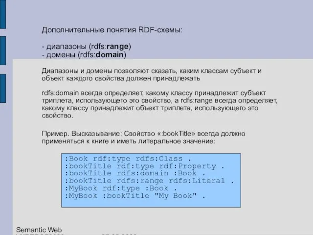 Дополнительные понятия RDF-схемы: - диапазоны (rdfs:range) - домены (rdfs:domain) Диапазоны и домены