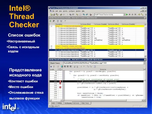 Intel® Thread Checker Список ошибок Настраиваемый Связь с исходным кодом Представление исходного