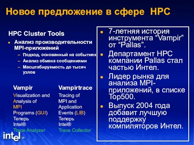 Новое предложение в сфере HPC HPC Cluster Tools Анализ производительности MPI-приложений Подход,