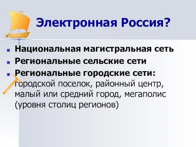 Электронная Россия? Национальная магистральная сеть Региональные сельские сети Региональные городские сети: городской