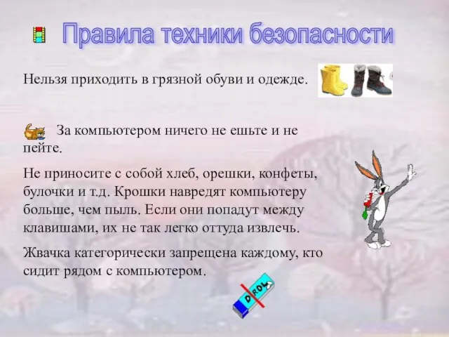 Правила техники безопасности Нельзя приходить в грязной обуви и одежде. За компьютером