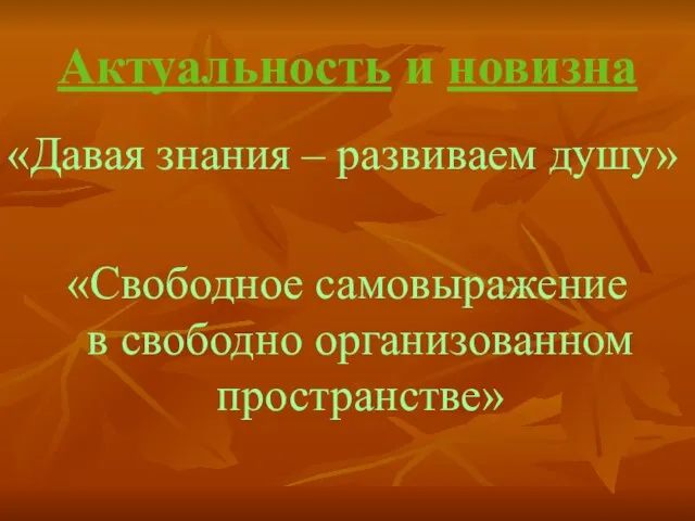 Актуальность и новизна «Давая знания – развиваем душу» «Свободное самовыражение в свободно организованном пространстве»