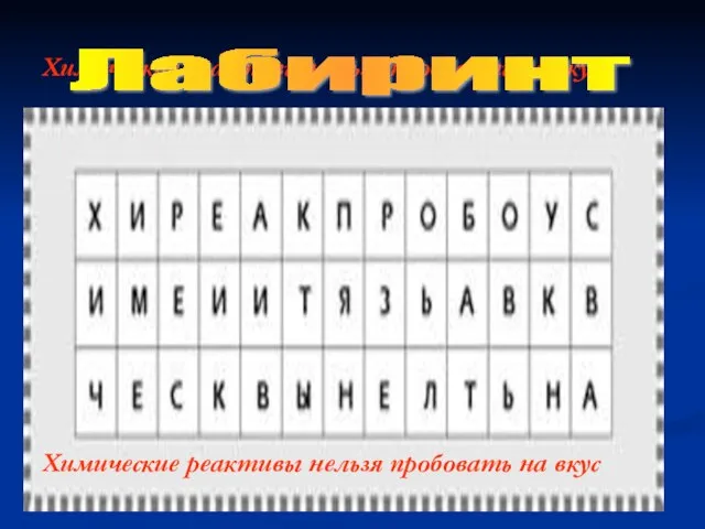 Химические реактивы нельзя пробовать на вкус Начните движение с левой верхней клетки