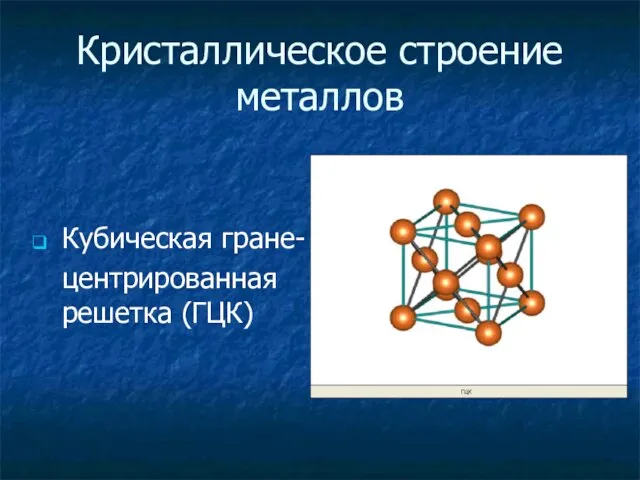 Кристаллическое строение металлов Кубическая гране- центрированная решетка (ГЦК)