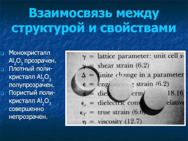 Взаимосвязь между структурой и свойствами Монокристалл Al2O3 прозрачен. Плотный поли- кристалл Al2O3