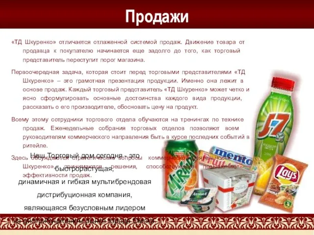 Продажи «ТД Шкуренко» отличается отлаженной системой продаж. Движение товара от продавца к