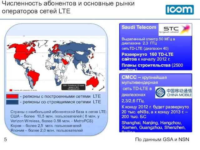 Численность абонентов и основные рынки операторов сетей LTE По данным GSA и