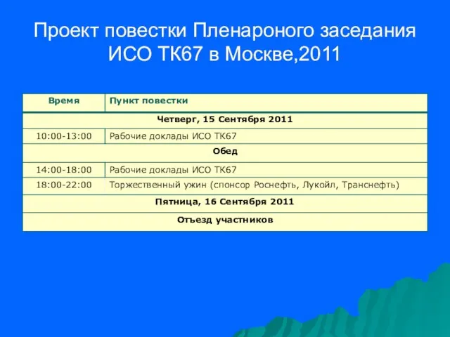 Проект повестки Пленароного заседания ИСО ТК67 в Москве,2011