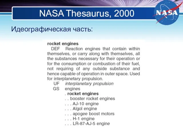 NASA Thesaurus, 2000 Идеографическая часть: