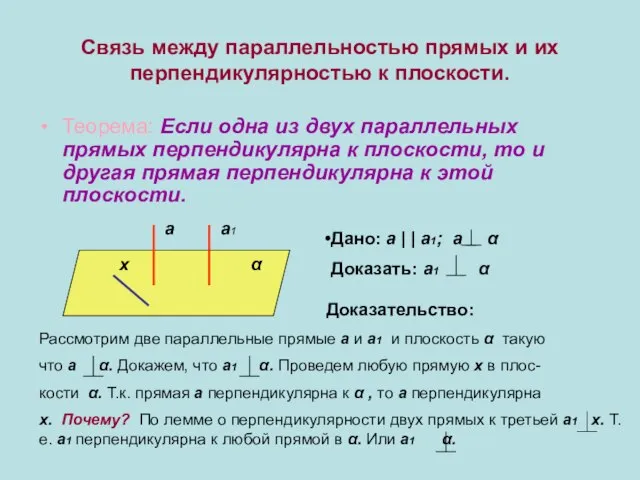 Связь между параллельностью прямых и их перпендикулярностью к плоскости. Теорема: Если одна