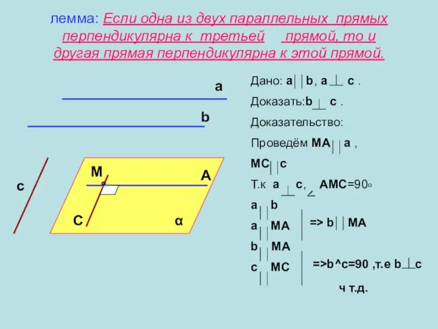 лемма: Если одна из двух параллельных прямых перпендикулярна к третьей прямой, то