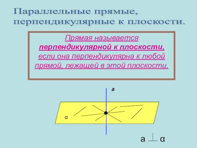 Прямая называется перпендикулярной к плоскости, если она перпендикулярна к любой прямой, лежащей