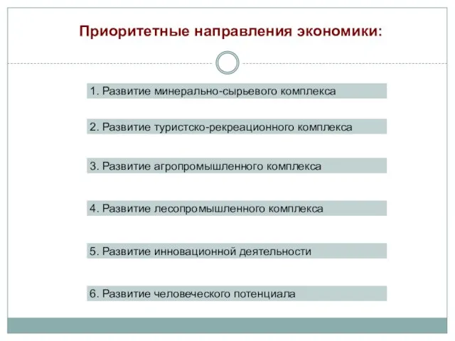 Приоритетные направления экономики: 1. Развитие минерально-сырьевого комплекса 2. Развитие туристско-рекреационного комплекса 3.