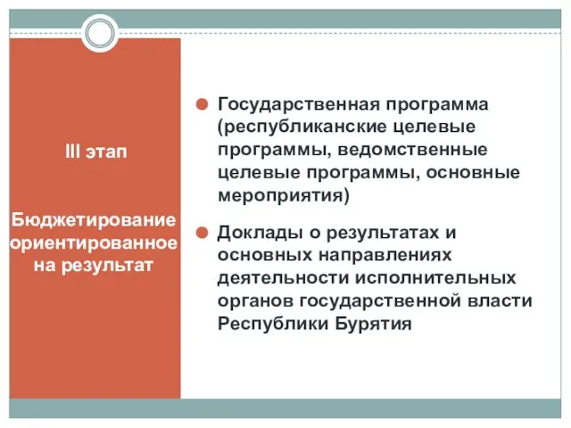 III этап Бюджетирование ориентированное на результат Государственная программа (республиканские целевые программы, ведомственные