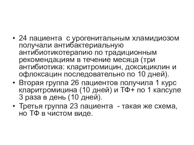 24 пациента с урогенитальным хламидиозом получали антибактериальную антибиотикотерапию по традиционным рекомендациям в