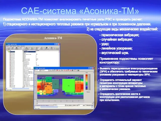 CAE-система «Асоника-ТМ» Асоника-ТМ Подсистема АСОНИКА-ТМ позволяет анализировать печатные узлы РЭС и проводить