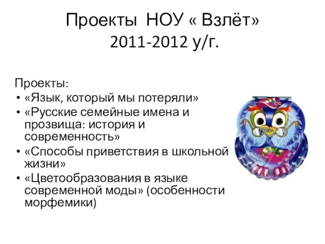 Проекты НОУ « Взлёт» 2011-2012 у/г. Проекты: «Язык, который мы потеряли» «Русские